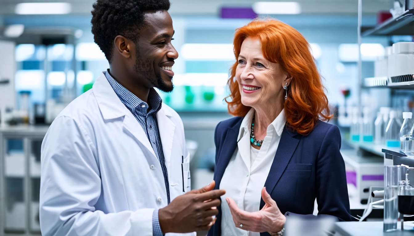 Biotech recruitment agency represented by a scientist and manager smiling and conversing in a biotechnology laboratory