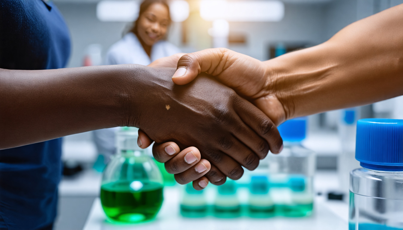 Two people shaking hands in a biotech laboratory